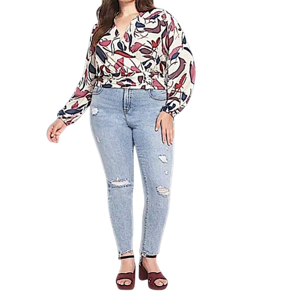 Lane Bryant Floral Print Semi Wrap Top Size 22 Long Sleeve - Picture 8 of 8